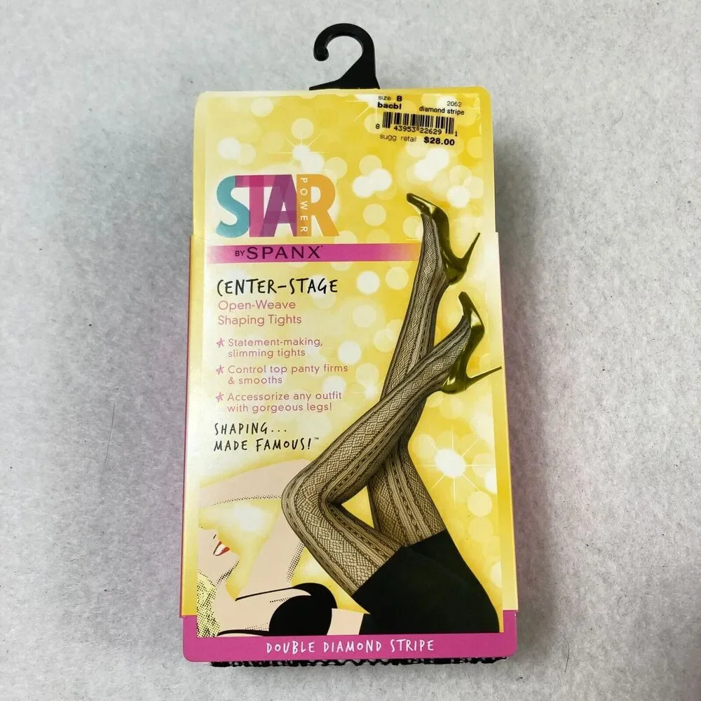 Star‎ Power By Spanx Women Size B Shaping Tights Black Open Weave Diamond Stripe